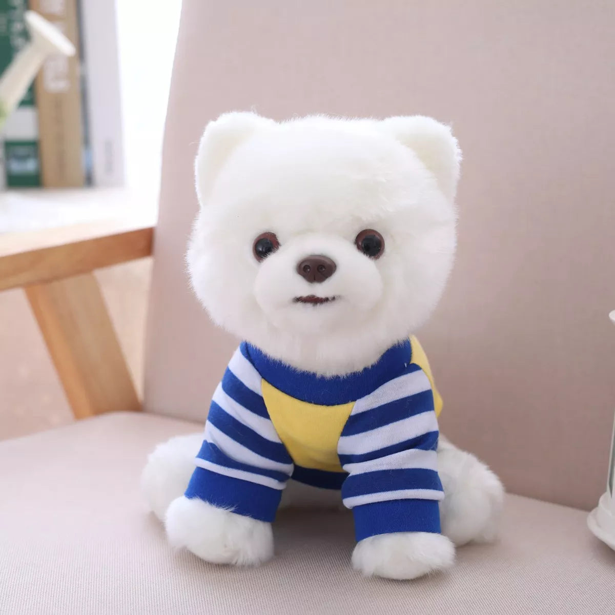 White Pomeranian Dog Puppy Wearing Jumper Sweater Plush Blue Yellow Animals - Tophatter Daily Deals