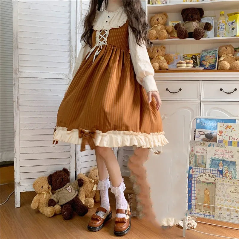 Japanese Autumn Kawaii Lolita Cosplay Dress Sweet Bow Full Sleeve Ruffles Brown Fruit - Tophatter Daily Deals