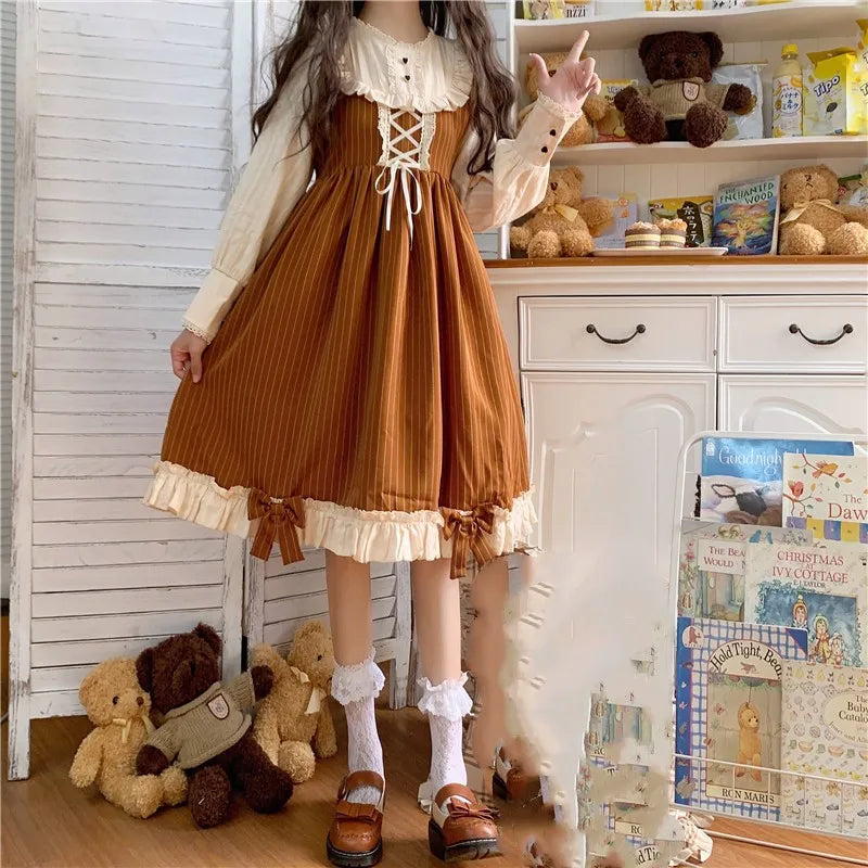 Japanese Autumn Kawaii Lolita Cosplay Dress Sweet Bow Full Sleeve Ruffles Brown Fruit - Tophatter Daily Deals