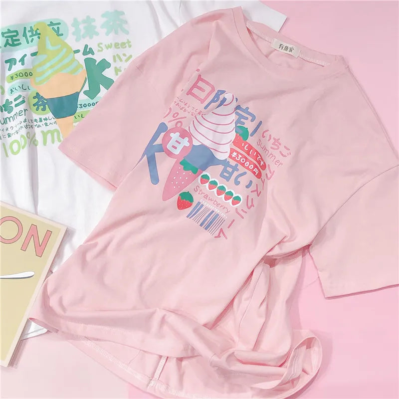 Harajuku Short Sleeve T-shirt Top Japanese Pastel Pink White Ice Cream Food - Tophatter Daily Deals