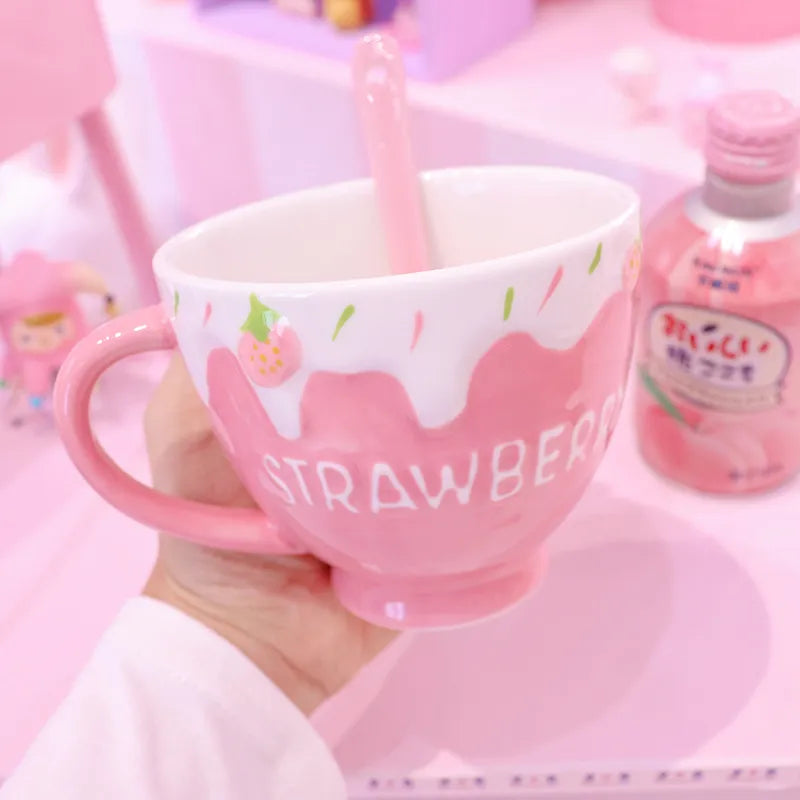 Strawberry and Cream Pink Large Coffee Mug Food - Tophatter Daily Deals