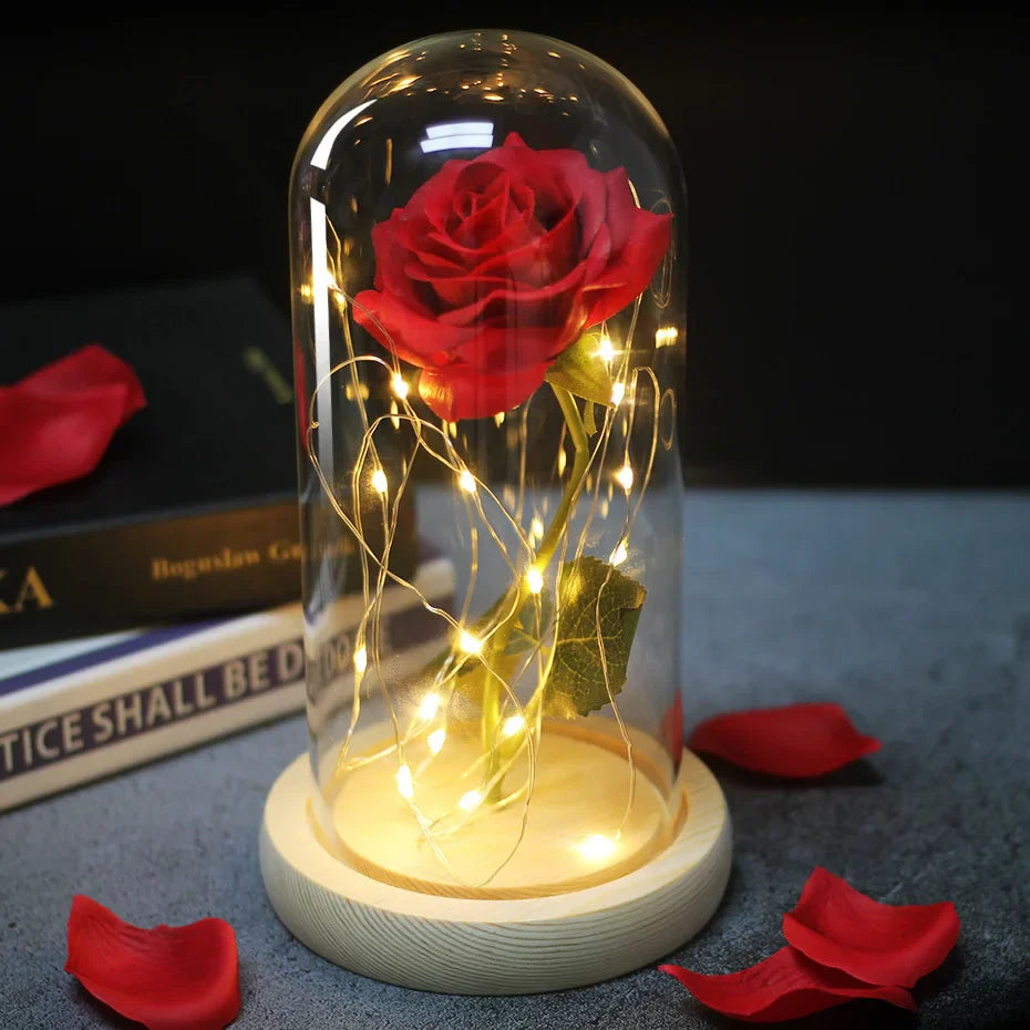 Beauty & The Beast Eternal Red Rose In Glass Dome with LED Lights Flowers - Tophatter Daily Deals