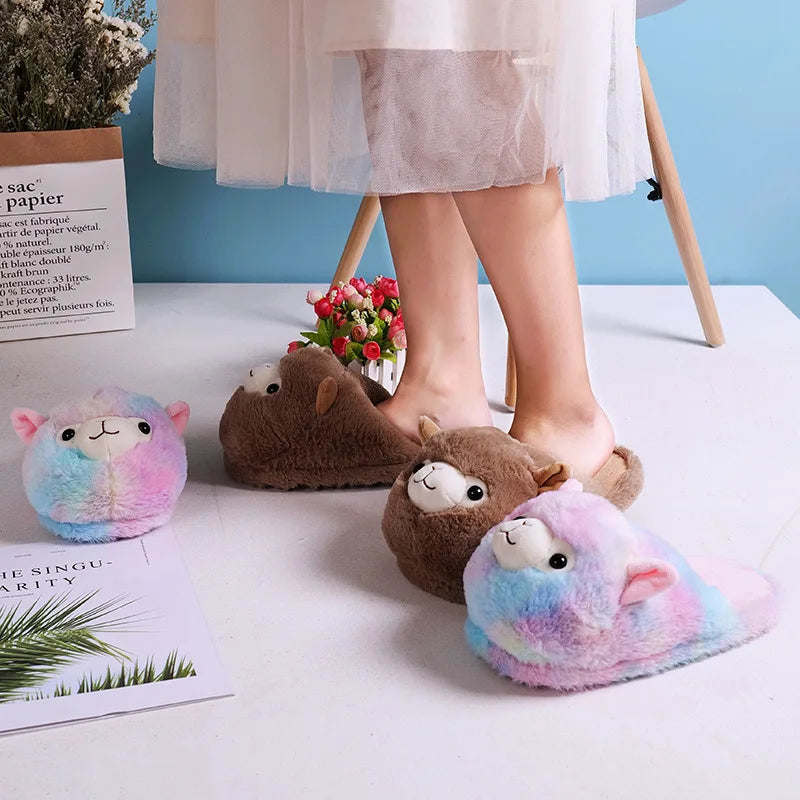 Fuzzy Slippers Plush Warm Shoes Cute Alpaca Cozy Home Slides Pink Brown Multicoloured Animals - Tophatter Daily Deals