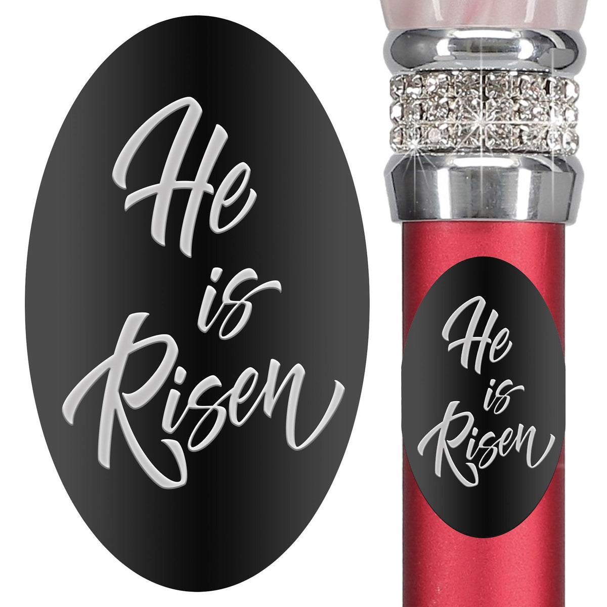 Custom Cane Engraving - Oval Black Anodized Aluminum - He is Risen - Tophatter Daily Deals