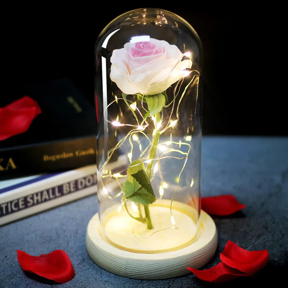 Beauty & The Beast Eternal Red Rose In Glass Dome with LED Lights Flowers - Tophatter Daily Deals