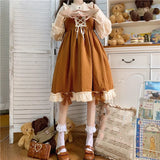Japanese Autumn Kawaii Lolita Cosplay Dress Sweet Bow Full Sleeve Ruffles Brown Fruit - Tophatter Daily Deals