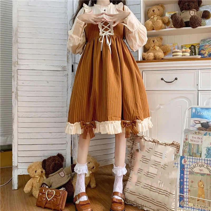 Japanese Autumn Kawaii Lolita Cosplay Dress Sweet Bow Full Sleeve Ruffles Brown Fruit - Tophatter Daily Deals