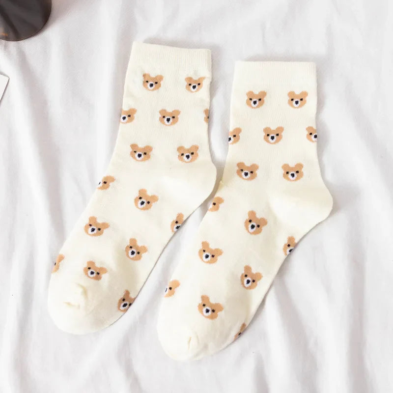 Fluffy Teddy Bear Socks Cream Brown Beige Chequered Print Kawaii Animals - Tophatter Daily Deals