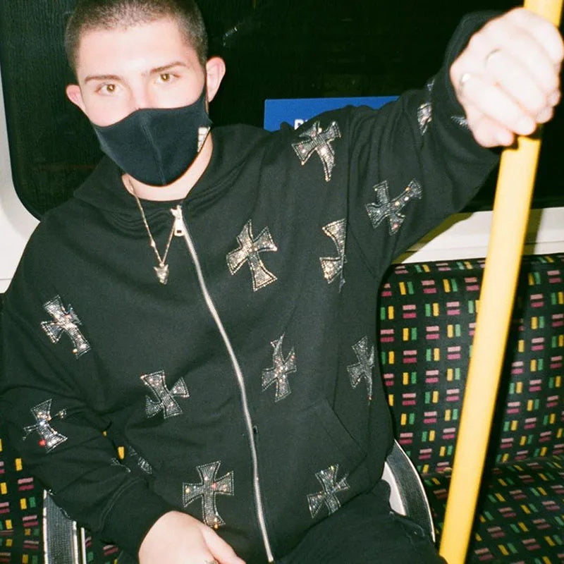 Oversized Men’s Zip Hoodie - Rhinestone Skeleton, Cotton - Tophatter Daily Deals