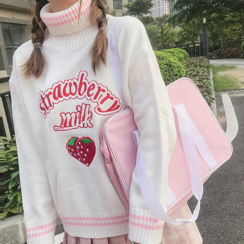 Strawberry Milk Embroidered Sweater Pink White Loose Turtleneck Jumper Top Harajuku Food - Tophatter Daily Deals