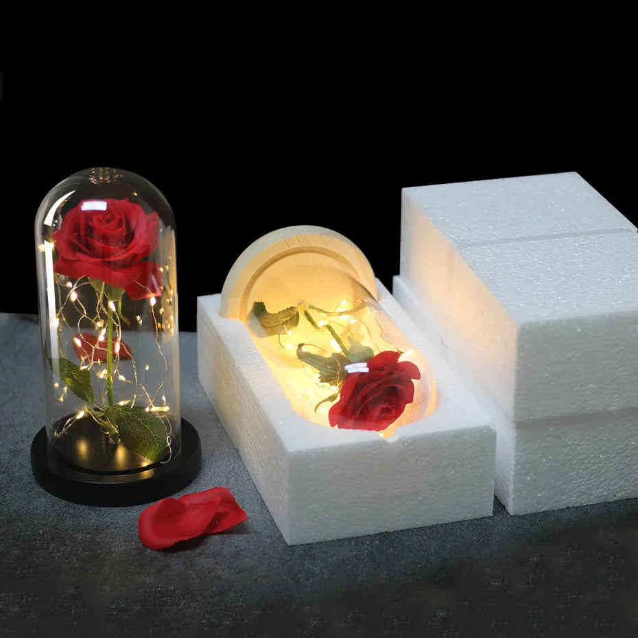 Beauty & The Beast Eternal Red Rose In Glass Dome with LED Lights Flowers - Tophatter Daily Deals