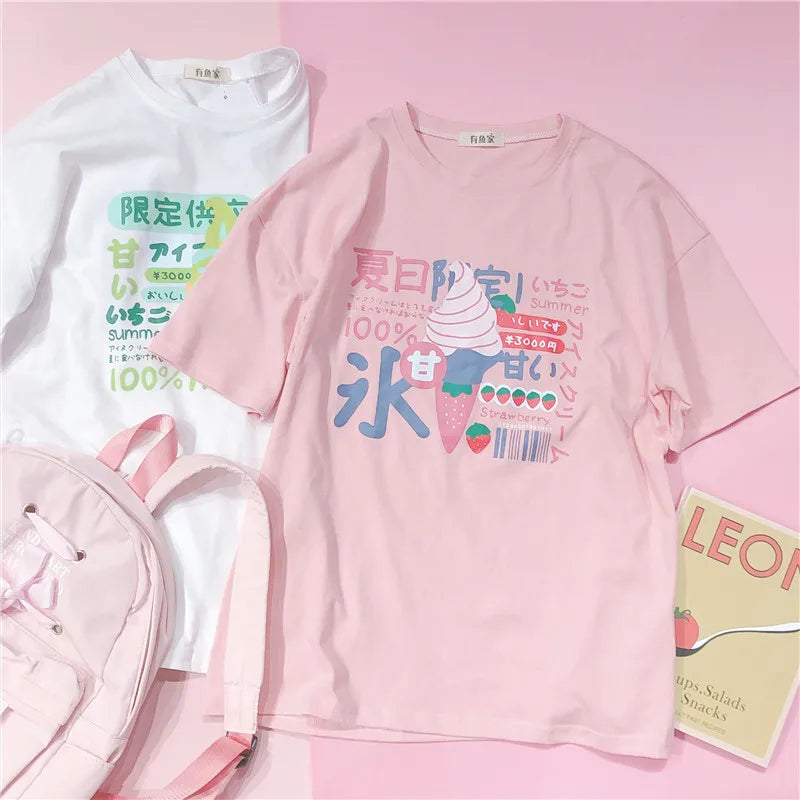 Harajuku Short Sleeve T-shirt Top Japanese Pastel Pink White Ice Cream Food - Tophatter Daily Deals