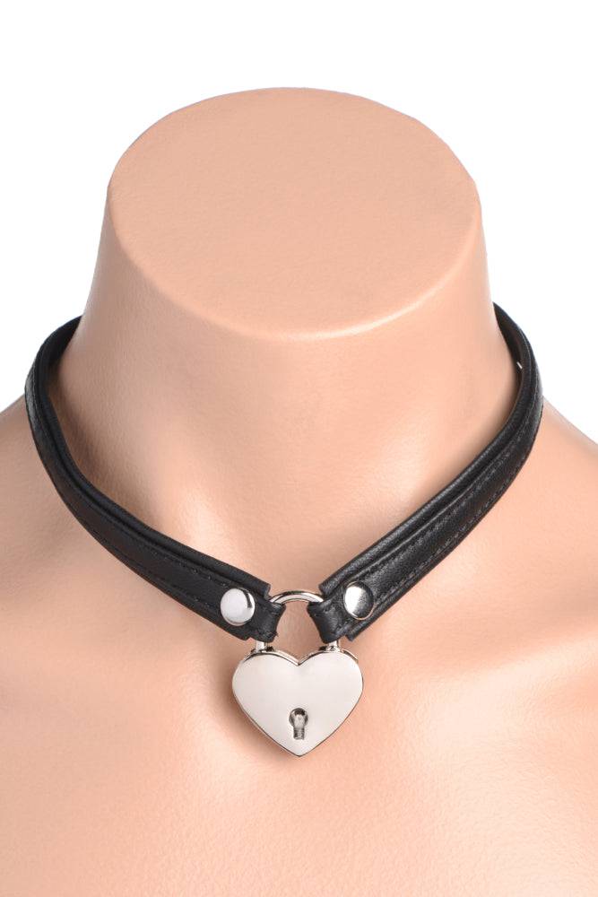 XR Brands - Master Series - Heart Lock Choker with Key - Black Leather BDSM - Tophatter Daily Deals