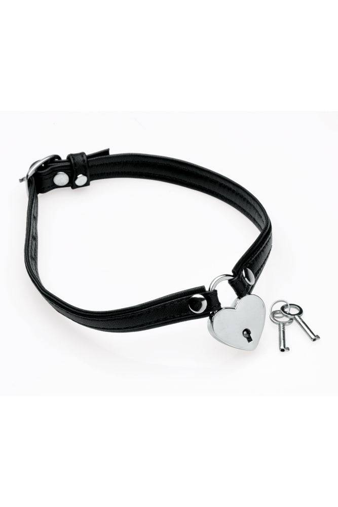 XR Brands - Master Series - Heart Lock Choker with Key - Black Leather BDSM - Tophatter Daily Deals