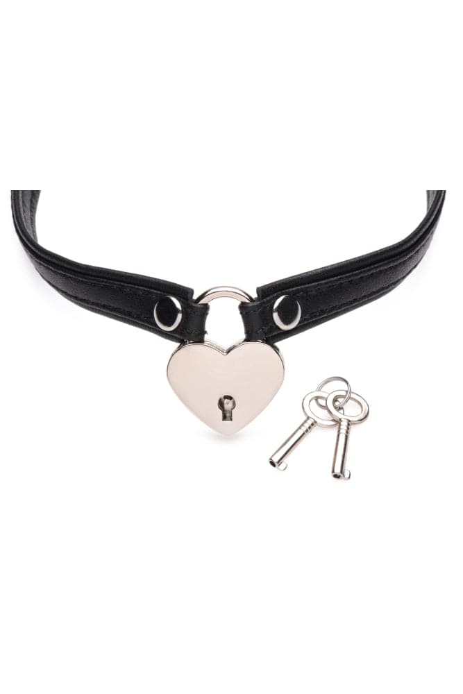 XR Brands - Master Series - Heart Lock Choker with Key - Black Leather BDSM - Tophatter Daily Deals