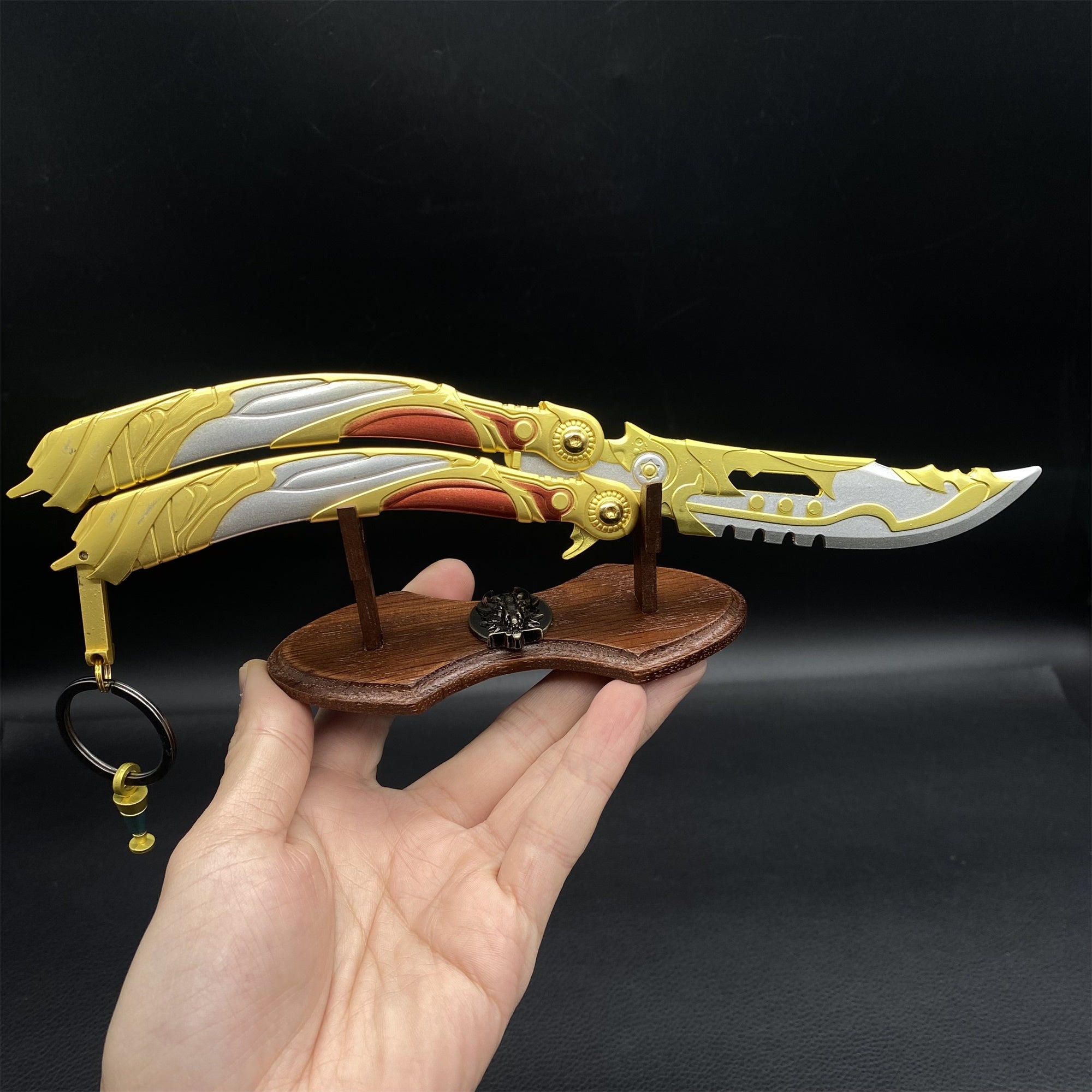 Metal Heavenly God Balisong Display Art With Oak Wood Stand - Tophatter Daily Deals