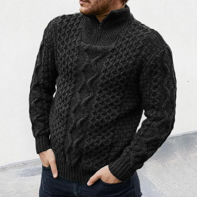 Warm Cozy Men's Half Zip Sweater - Cable Knit Wool Black - Tophatter Daily Deals