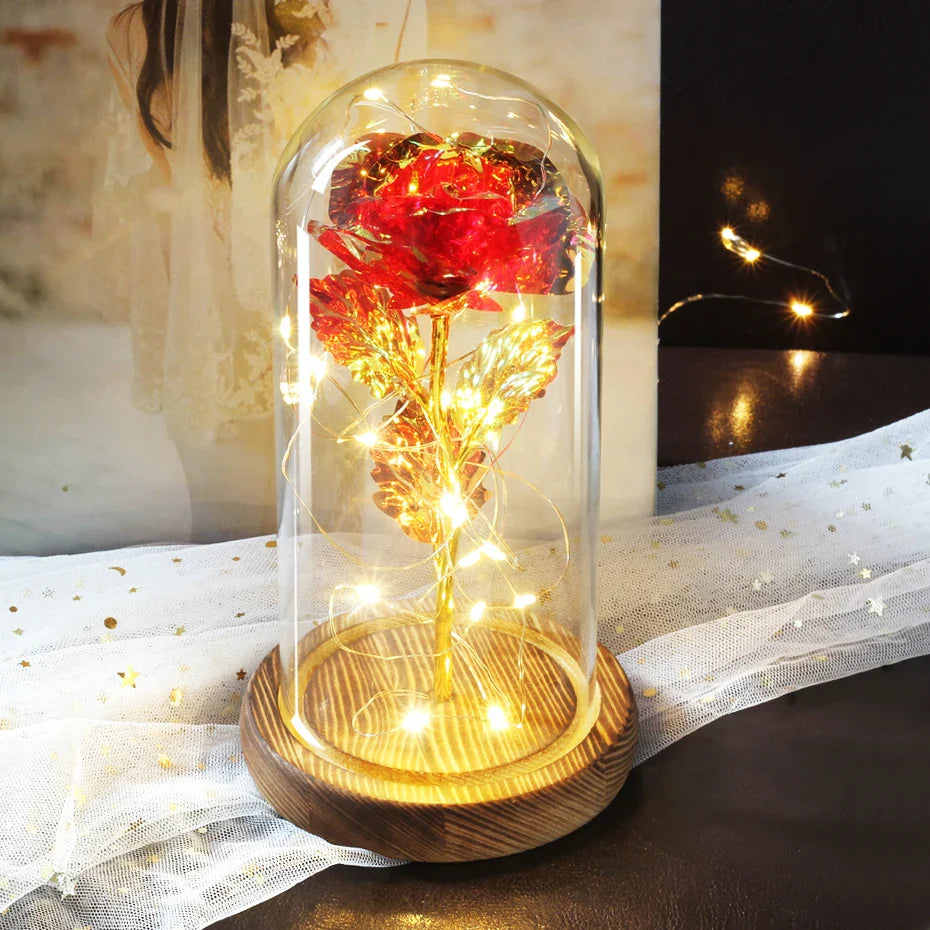 Beauty & The Beast Eternal Red Rose In Glass Dome with LED Lights Flowers - Tophatter Daily Deals
