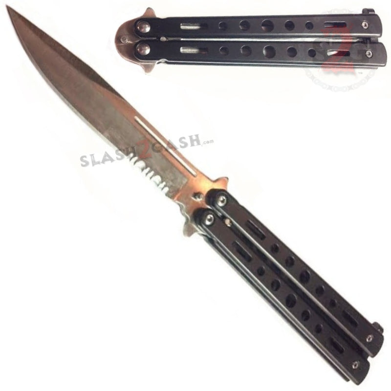 Hi-Tech Butterfly Knife Stainless Steel Cutout Balisong - Black Serrated Black - Serrated (last piece, black blade) Knife-Balisong - Tophatter Daily Deals