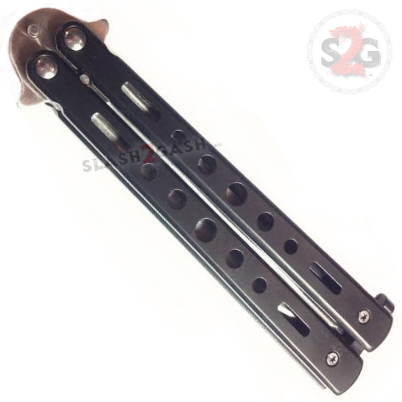 Hi-Tech Butterfly Knife Stainless Steel Cutout Balisong - Black Serrated Knife-Balisong - Tophatter Daily Deals