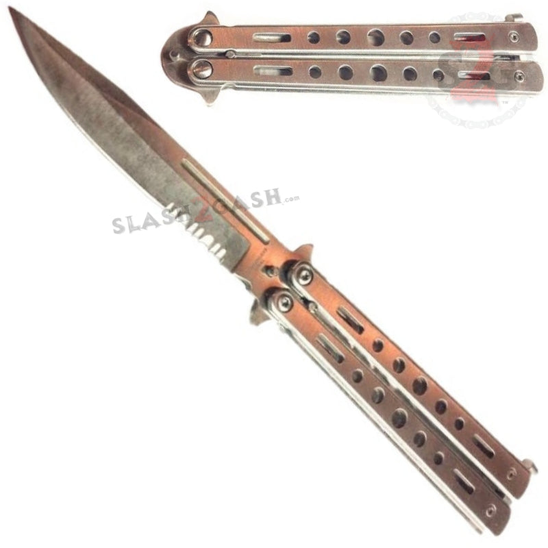 Hi-Tech Butterfly Knife Stainless Steel Cutout - Titanium Rainbow Silver - Serrated Knife-Balisong - Tophatter Daily Deals