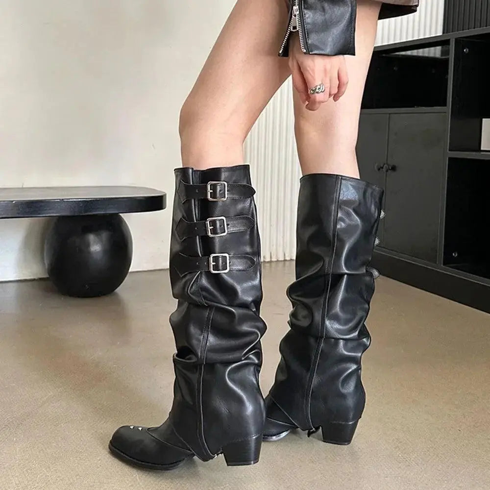 High Quality Wasteland Punk y2k Gothic style Vintage Motorcycles Western Boots for Women Black Rivets Knee High Boot Shoes black - Tophatter Daily Deals