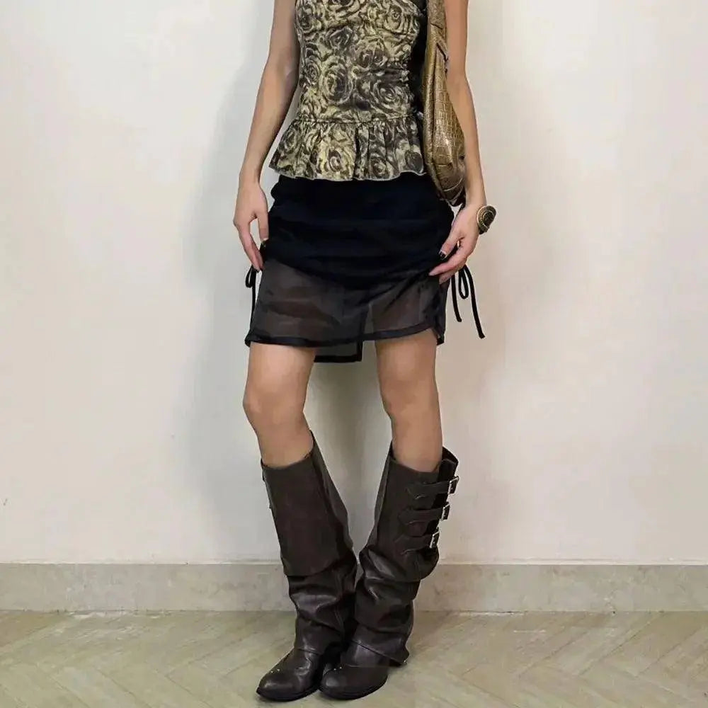 High Quality Wasteland Punk y2k Gothic style Vintage Motorcycles Western Boots for Women Black Rivets Knee High Boot Shoes - Tophatter Daily Deals