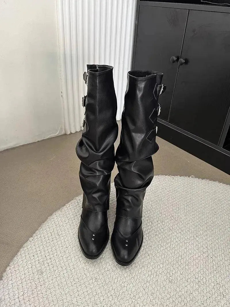 High Quality Wasteland Punk y2k Gothic style Vintage Motorcycles Western Boots for Women Black Rivets Knee High Boot Shoes - Tophatter Daily Deals
