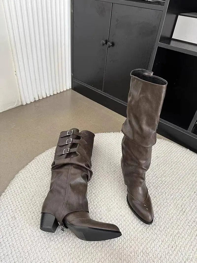 High Quality Wasteland Punk y2k Gothic style Vintage Motorcycles Western Boots for Women Black Rivets Knee High Boot Shoes - Tophatter Daily Deals