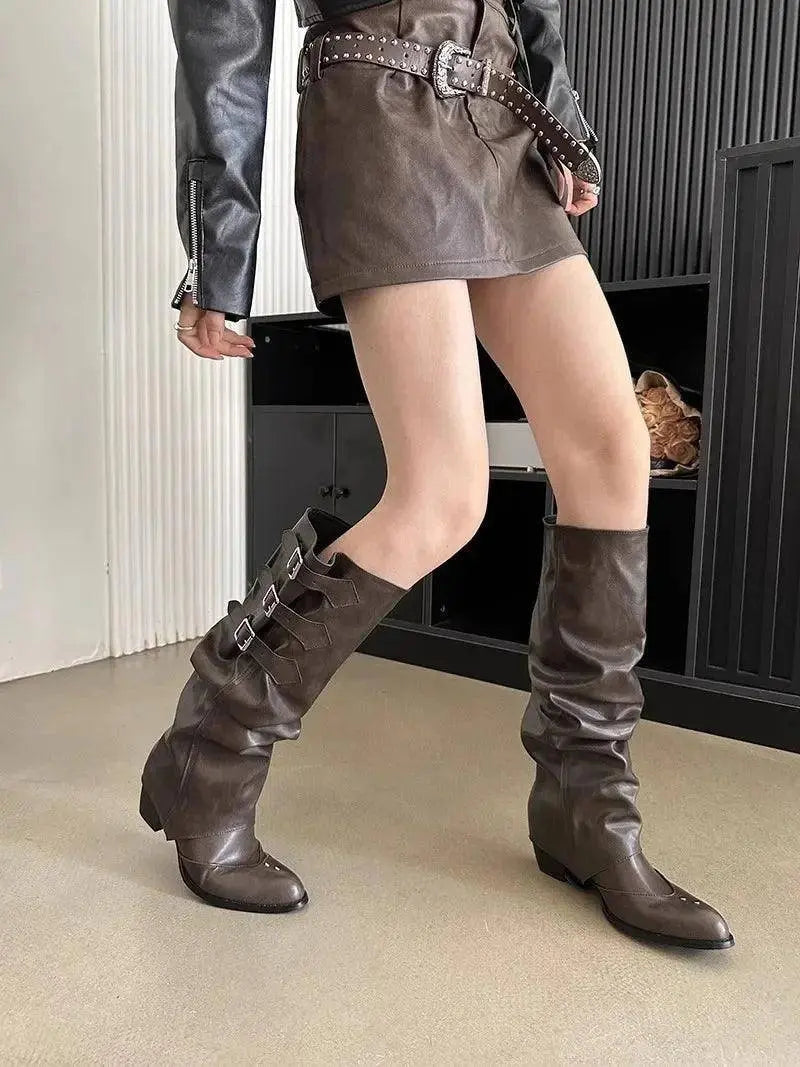 High Quality Wasteland Punk y2k Gothic style Vintage Motorcycles Western Boots for Women Black Rivets Knee High Boot Shoes - Tophatter Daily Deals