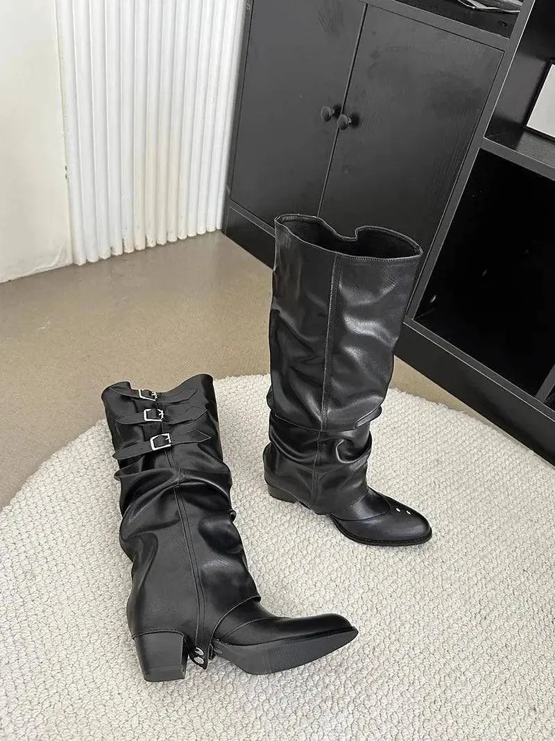 High Quality Wasteland Punk y2k Gothic style Vintage Motorcycles Western Boots for Women Black Rivets Knee High Boot Shoes - Tophatter Daily Deals