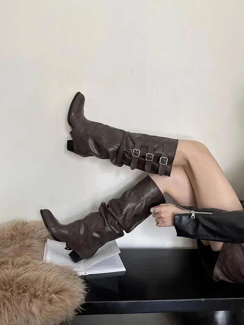 High Quality Wasteland Punk y2k Gothic style Vintage Motorcycles Western Boots for Women Black Rivets Knee High Boot Shoes - Tophatter Daily Deals