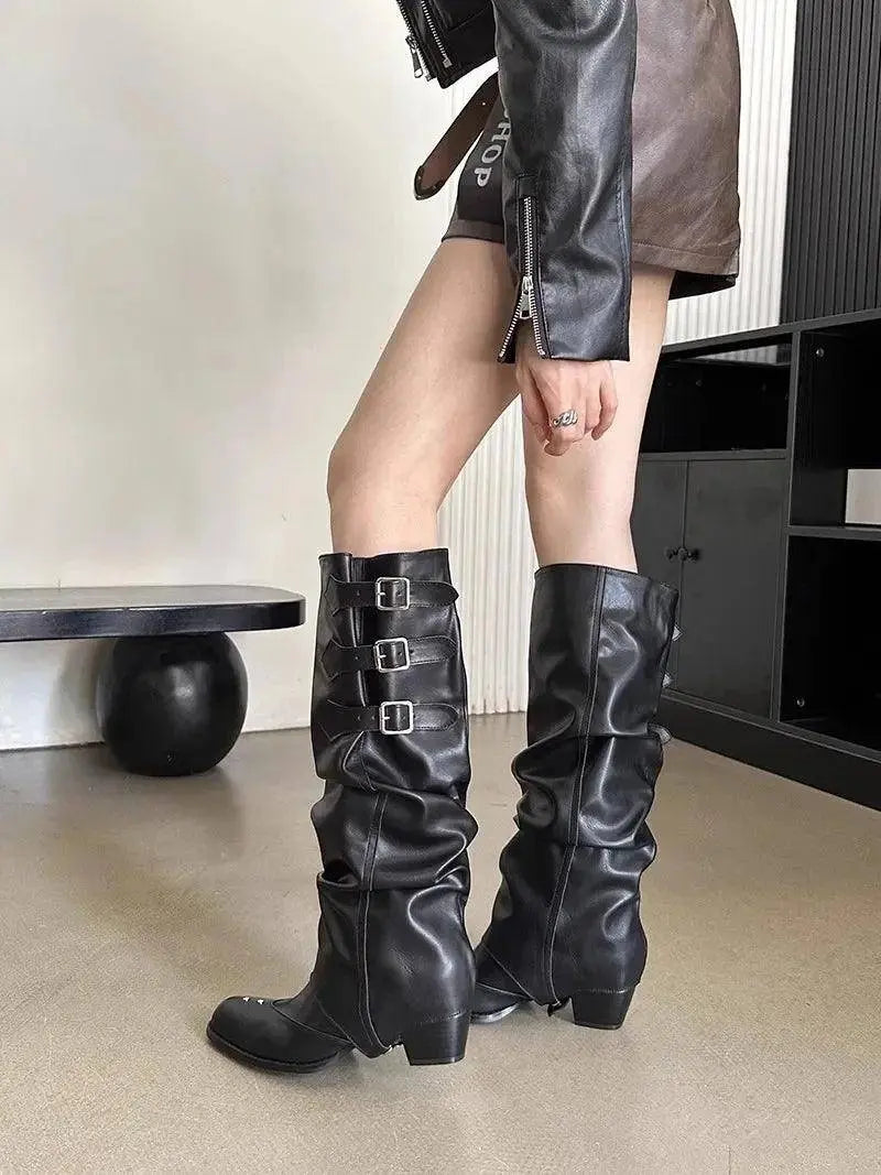 High Quality Wasteland Punk y2k Gothic style Vintage Motorcycles Western Boots for Women Black Rivets Knee High Boot Shoes - Tophatter Daily Deals