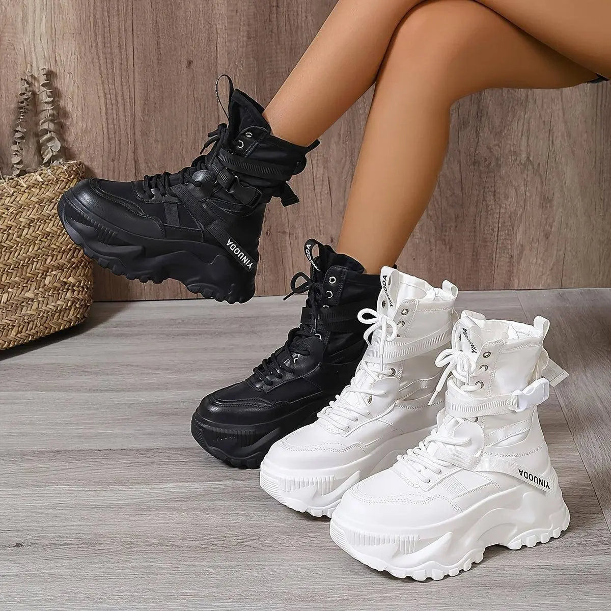 High-Top Fashion Sneakers for Women - Solid Color EVA Fabric Lace-Up Round Toe Casual Boots with Polyurethane Sole and Fabric Inner - Versatile All-Season Streetwear Shoes - Tophatter Daily Deals