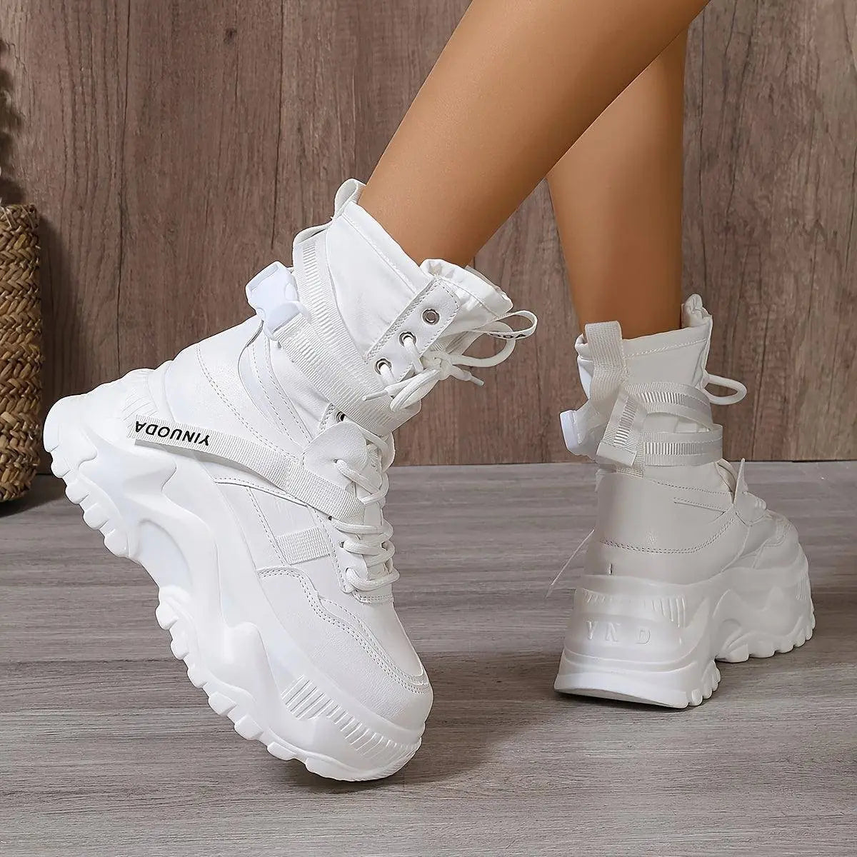 High-Top Fashion Sneakers for Women - Solid Color EVA Fabric Lace-Up Round Toe Casual Boots with Polyurethane Sole and Fabric Inner - Versatile All-Season Streetwear Shoes White - Tophatter Daily Deals