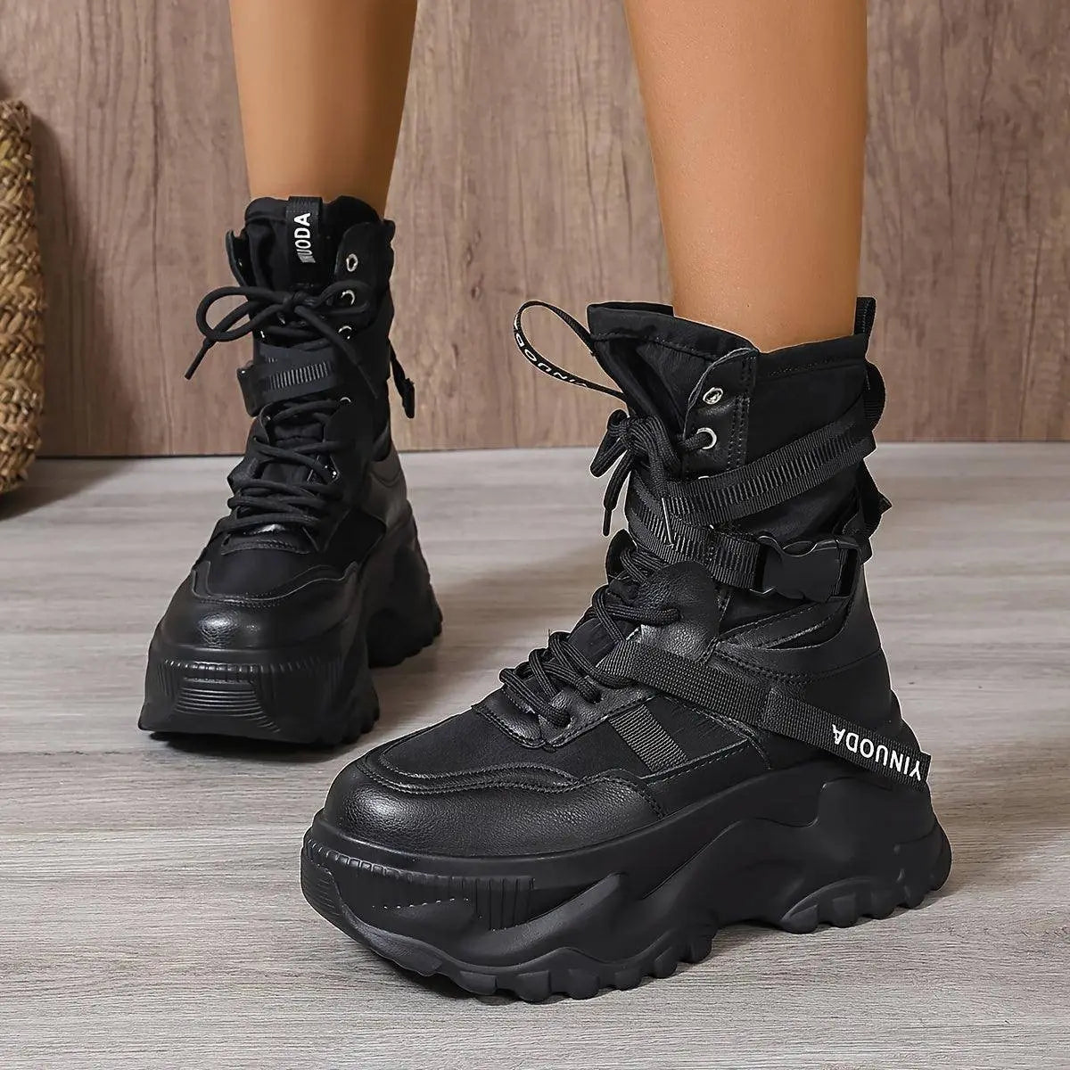 High-Top Fashion Sneakers for Women - Solid Color EVA Fabric Lace-Up Round Toe Casual Boots with Polyurethane Sole and Fabric Inner - Versatile All-Season Streetwear Shoes Black - Tophatter Daily Deals