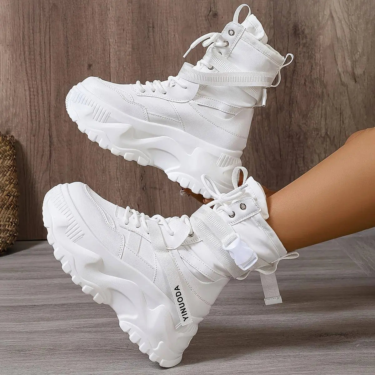 High-Top Fashion Sneakers for Women - Solid Color EVA Fabric Lace-Up Round Toe Casual Boots with Polyurethane Sole and Fabric Inner - Versatile All-Season Streetwear Shoes - Tophatter Daily Deals