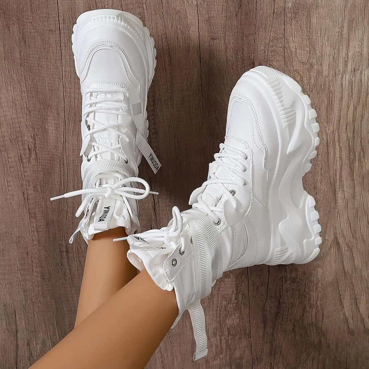 High-Top Fashion Sneakers for Women - Solid Color EVA Fabric Lace-Up Round Toe Casual Boots with Polyurethane Sole and Fabric Inner - Versatile All-Season Streetwear Shoes - Tophatter Daily Deals