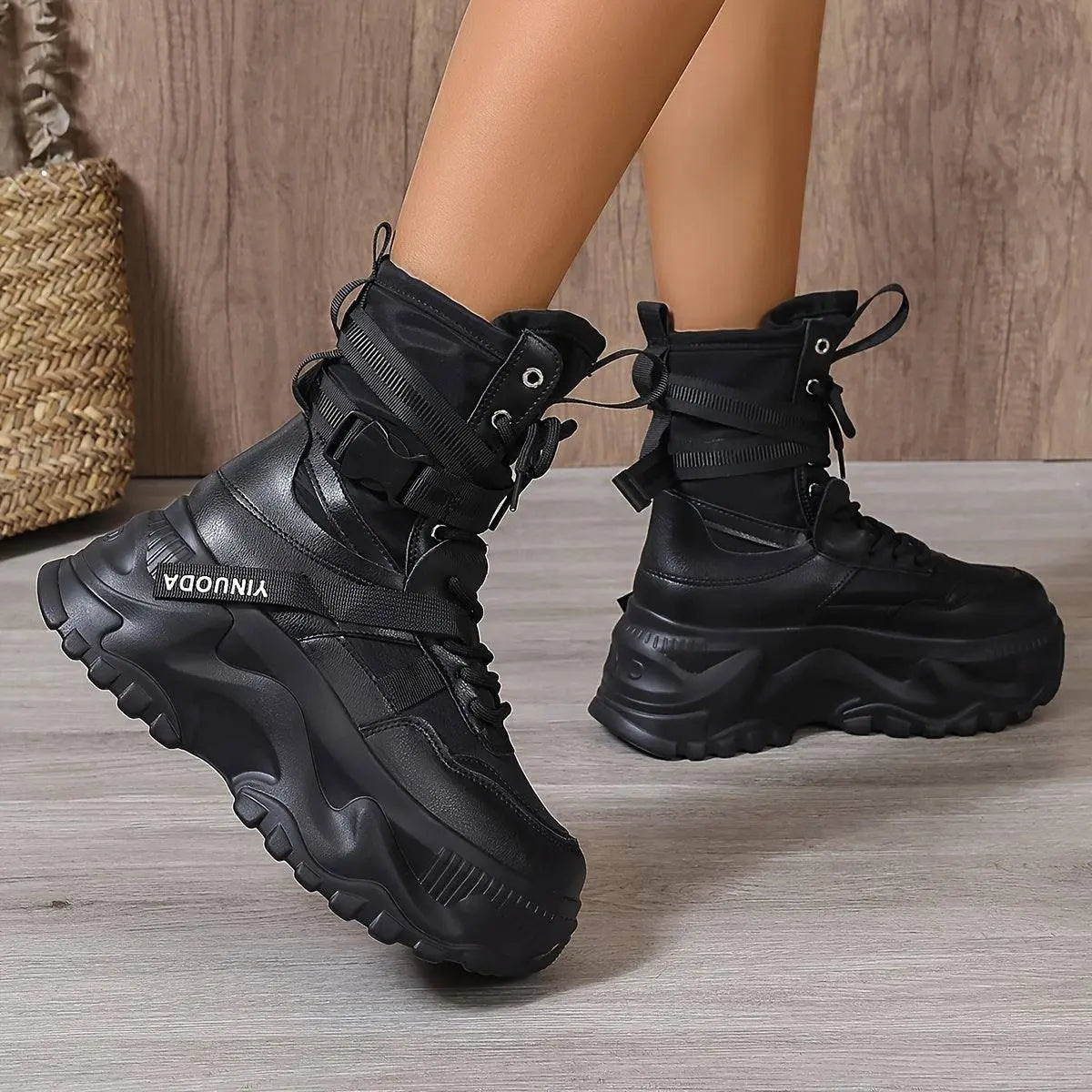 High-Top Fashion Sneakers for Women - Solid Color EVA Fabric Lace-Up Round Toe Casual Boots with Polyurethane Sole and Fabric Inner - Versatile All-Season Streetwear Shoes - Tophatter Daily Deals