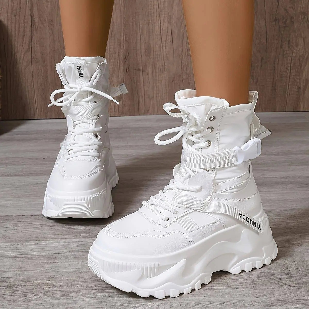 High-Top Fashion Sneakers for Women - Solid Color EVA Fabric Lace-Up Round Toe Casual Boots with Polyurethane Sole and Fabric Inner - Versatile All-Season Streetwear Shoes - Tophatter Daily Deals