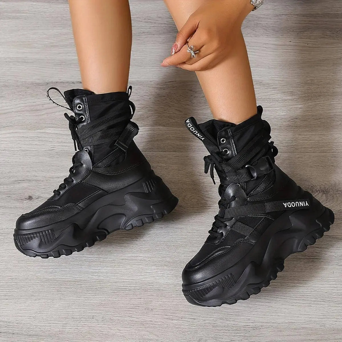 High-Top Fashion Sneakers for Women - Solid Color EVA Fabric Lace-Up Round Toe Casual Boots with Polyurethane Sole and Fabric Inner - Versatile All-Season Streetwear Shoes - Tophatter Daily Deals