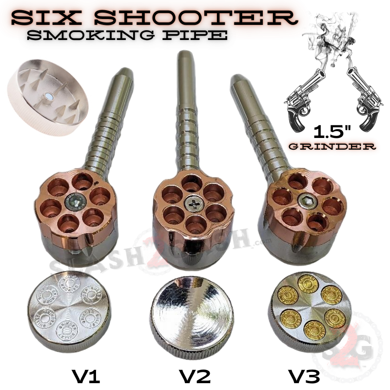 Six Shooter Revolver Smoking Bullet Metal Pipe w/ Grinder - 3 Versions Smoking Accessories - Tophatter Daily Deals