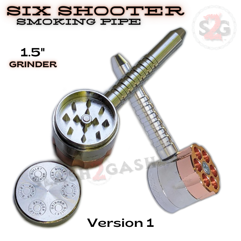 Six Shooter Revolver Smoking Bullet Metal Pipe w/ Grinder - 3 Versions 6 Shooter - Version 1 (silver bullets at bottom) Smoking Accessories - Tophatter Daily Deals