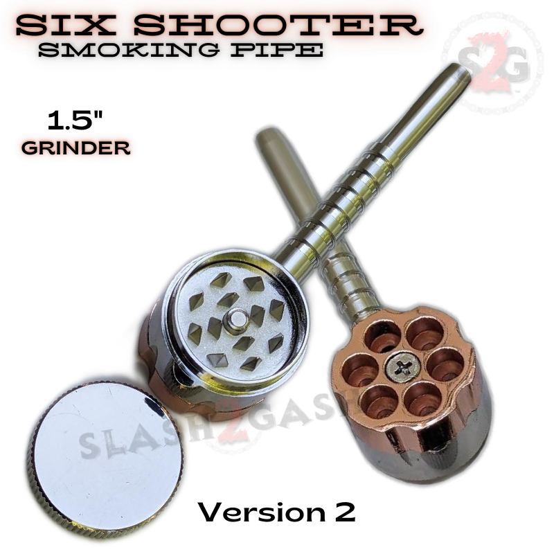 Six Shooter Revolver Smoking Bullet Metal Pipe w/ Grinder - 3 Versions 6 Shooter - Version 2 (plain bottom) Smoking Accessories - Tophatter Daily Deals