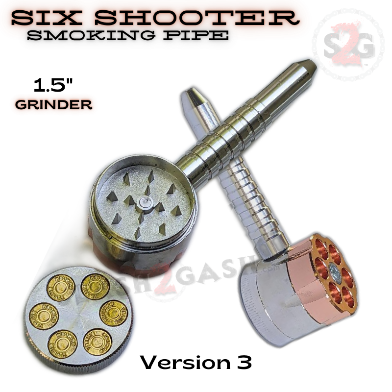 Six Shooter Revolver Smoking Bullet Metal Pipe w/ Grinder - 3 Versions 6 Shooter - Version 3 (gold bullets at bottom) Smoking Accessories - Tophatter Daily Deals