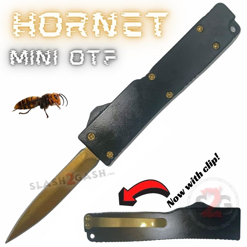Keychain Mini OTF Knife Switchblade Dagger w/ Clip - Black Gold Hornet Knife-OTF - Tophatter Daily Deals