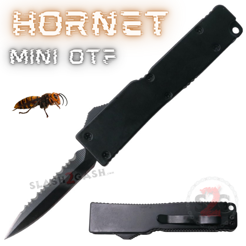 Mini OTF Knife Switch Blade Serrated Dagger w/ Clip - Black Hornet Knife-OTF - Tophatter Daily Deals