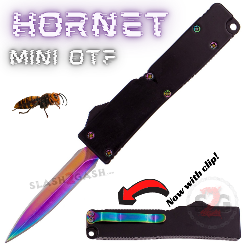 Hornet Mini OTF Knife Small Automatic Keychain Switchblade - Asst. colors Black - Rainbow Double Edge w Clip Knife-OTF - Tophatter Daily Deals