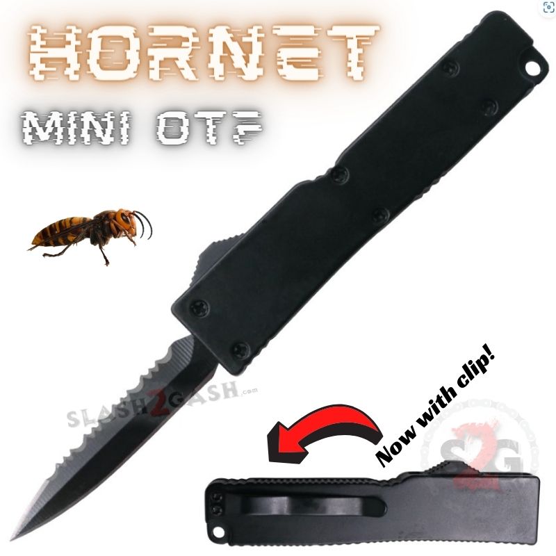Mini OTF Knife Switch Blade Serrated Dagger w/ Clip - Black Hornet Knife-OTF - Tophatter Daily Deals