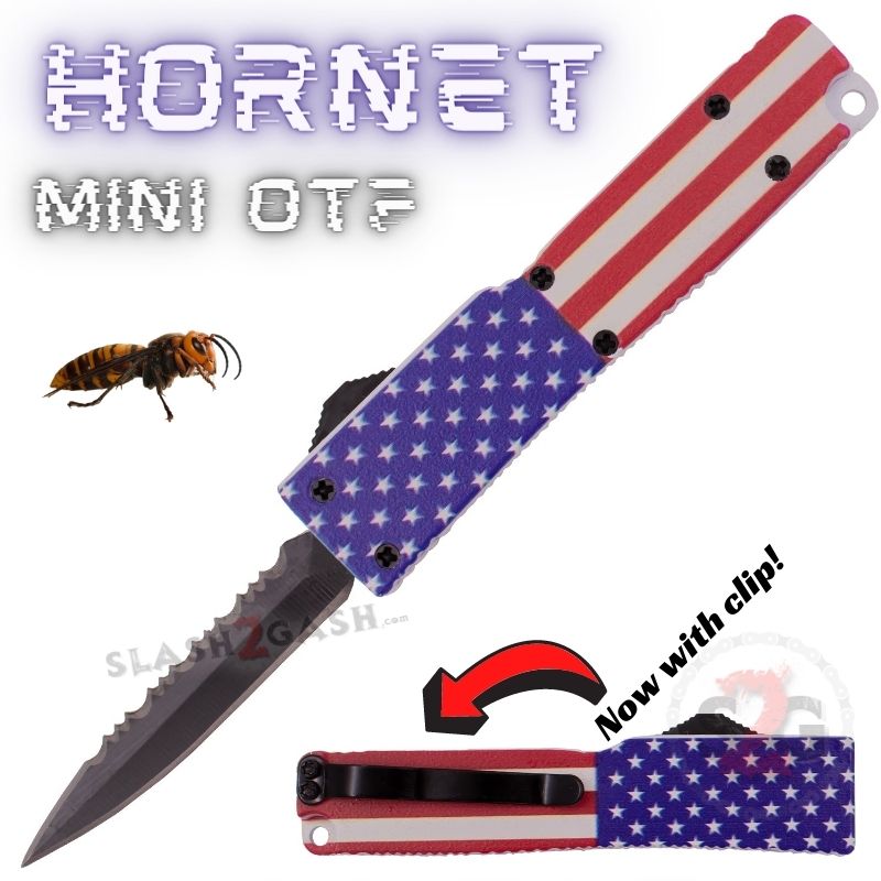 Hornet Mini OTF Knife Small Automatic Keychain Switchblade - Asst. colors Flag USA - Double Edge Ser w Clip Knife-OTF - Tophatter Daily Deals